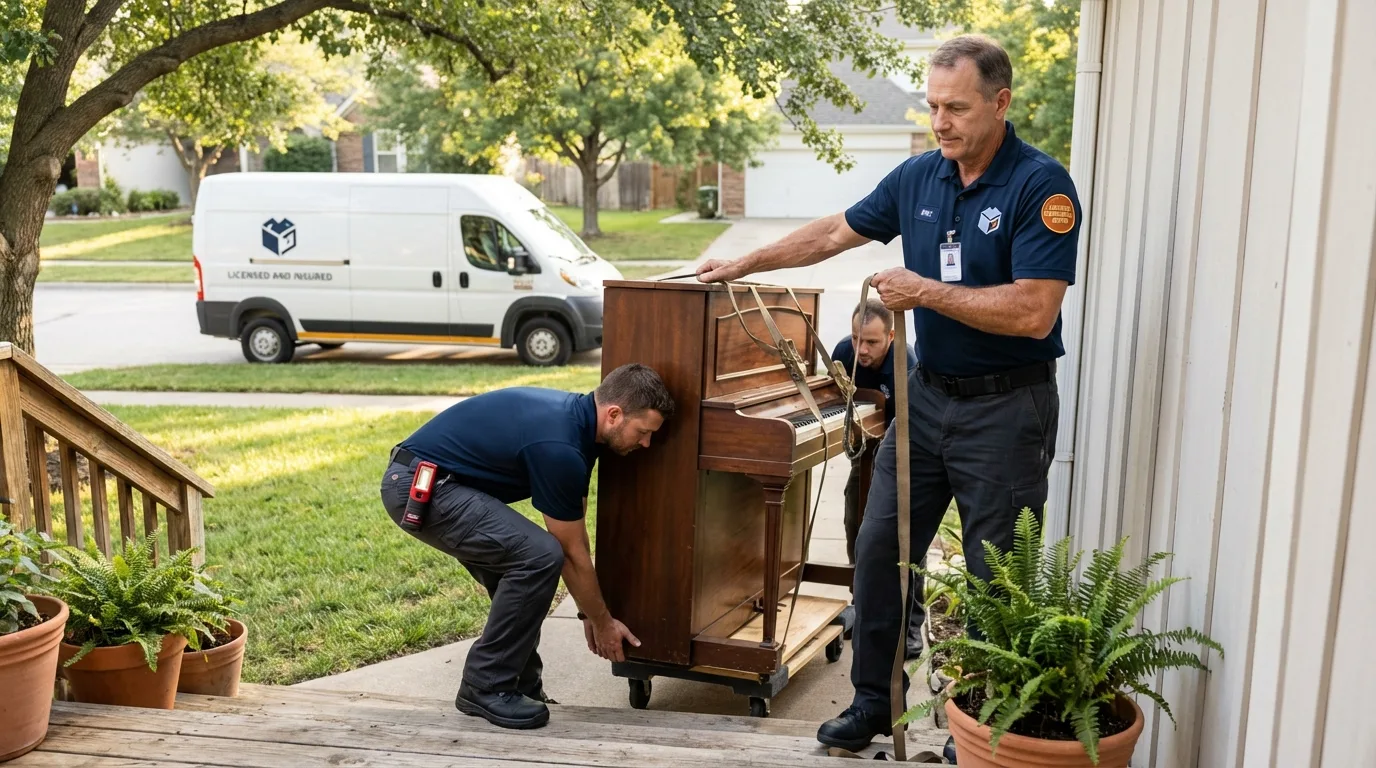 Licensed piano movers securing grand piano in Hellertown, PA
